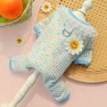 Detail of dog onesie with daisy appliqué and lace collar on blue knit fabric - Iridescent Blue Romper