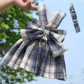 Arnés tipo vestido JK de cuadros azules para mascotas con lazo grande y correa a juego - XL (Pecho 50 cm, Sugerido 5,5-7 kg) / Juego de Arnés Estilo Vestido (Modelo 273) / Azul Marino Cuadros