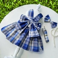 Conjunto de vestido a cuadros azul para mascotas con pajarita y correa a juego - XL / Conjunto de 3 Piezas JK (Con Decoración de Perlas Artificiales) / Cuadros Azul Marino