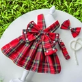 Arnés para mascota a cuadros rojos y amarillos con vestido y lazo de perlas - XL / Conjunto de 3 Piezas JK (Con Decoración de Perlas Artificiales) / Cuadros Rojos