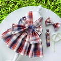Conjunto de falda escocesa roja con lazo, collar de perlas y correa para perros pequeños - XL / Conjunto de 3 Piezas JK (Con Decoración de Perlas Artificiales) / Cuadros Rojo Oscuro Y Dorado