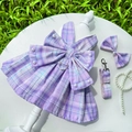 Conjunto de arnés tipo vestido a cuadros morados para mascotas con correa y perlas - XL / Conjunto de 3 Piezas JK (Con Decoración de Perlas Artificiales) / Cuadros Violetas Y Dorados