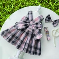 Conjunto de vestido JK de cuadros rosa y negro con collar de perlas y correa para perros - XL / Conjunto De Vestido De 3 Piezas Estilo JK / Cuadros Negros y Rosas