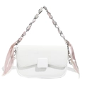 White woven textured crossbody bag with silver chain and pink silk scarf handle - White