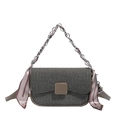 Deep grey woven shoulder bag with chain strap wrapped in striped silk scarf - Gray