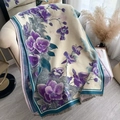 Thick winter scarf with purple orchid floral print and dark green fringe details - Purple (White Base)