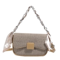 Khaki woven crossbody bag with silk scarf chain strap and silver buckle detail - Khaki