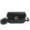 Black square shoulder bag with small round coin purse and silver metal buckle accent - Black