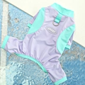 Detail of breathable mesh dog vest with SPORT logo and metal D-ring for leash attachment - Lake Green & Purple Contrast (Jumpsuit)