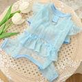 Detail eines hellblauen Hunde-Lace-Jumpsuits mit Rüschenärmeln und Metall-D-Ring - S (Brustumfang 35cm) / Blaue Vierbeinige Rock-Hose (489)