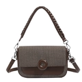 Deep brown crossbody bag with bicolor woven texture flap and round decorative buckle - Brown