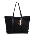 Schwarze Shopper-Tasche aus Wildlederimitat mit Schachbrettmuster und Holzperlen-Anhänger - Ohne Anhänger / Schwarz