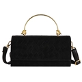 Quilted black suede crossbody bag featuring gold circular handle and adjustable strap - Black