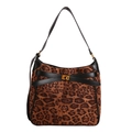 Vintage leopard print faux suede bucket bag with black leather trim and gold twist lock - Leopard Print