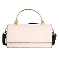 Cream quilted satchel with geometric gold ring handle and black contrast shoulder strap - White