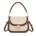 Borsa a sella alla moda con tessuto intrecciato crema e manico in pelle marrone - Marrone+Khaki