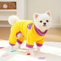 Dog fleece four-legged jumpsuit in yellow and purple contrast color with bear patch - Bright Yellow (Purple Edge) - Four-Legged