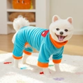 Blue fleece dog bodysuit with orange ribbed trim and small red bear embroidery detail - Lake Blue (Orange Edge) - Four-Legged