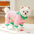 Pink fleece dog jumpsuit with green contrast trim and bear patch for small pets - Pink (Dark Green Edge) - Four-Legged