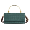 Dark green quilted handbag with golden circular handle and brown crossbody strap - Green