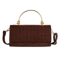 Dark brown quilted faux suede handbag with gold circular metal handle and shoulder strap - Brown