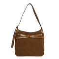 Deep brown faux suede bucket bag with vintage leather stitching and gold twist lock clasp - Tan