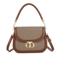 Borsa a sella fashion in pelle marrone e twill beige con fibbia a D dorata - Marrone+Caffè
