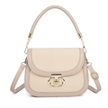Borsa a sella beige con cuciture in pelle e fibbia metallica dorata in dettaglio - Cachi