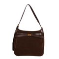 Retro dark brown suede bucket bag with smooth leather trim and golden metal lock - Brown