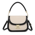 Borsa a sella chic in pelle nera e tessuto beige con fibbia dorata e manico superiore - Nero + Cachi