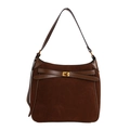 Vintage dark brown suede bucket bag with cross leather straps and gold buckle - Dark Brown