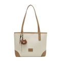 Sac cabas beige avec anses marron, texture litchi et porte-clé ours mignon décoratif - Blanc (Sans Pendentif)