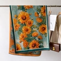 Écharpe épaisse en jacquard de tournesol turquoise et jaune avec bords à franges - Tournesol