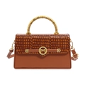 Brown faux crocodile leather handbag with gold M buckle and metal top handle - Brown