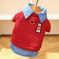 Detail of red fleece pet clothes with plaid shirt collar and metal D-ring attachment - XS (Chest 30cm) / Wine Red (Miu Style)