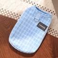 Detail of blue plaid pet vest with integrated D-ring and fashion leather label - S / Blue Plaid