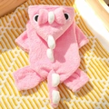 Gedetailleerde close-up van roze dinosaurus huisdier onesie in zacht pluche op een deken - XS / Rozeoog Dino
