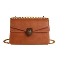 Brown lychee leather shoulder bag with vintage gold lion head buckle and chain strap - Caramel color