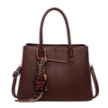 Brown lychee texture large capacity tote bag with adjustable strap and bear charm - Brown