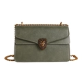 Olive green lychee texture shoulder bag with golden lion head buckle and chain strap - Green