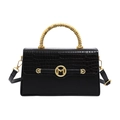 Elegant black PU leather box bag with crocodile pattern and golden spiral handle - Black