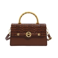 Dark brown faux leather square handbag with crocodile texture and gold metal handle - Brown