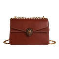 Brown litchi leather crossbody bag with golden lion head relief and metal chain strap - Brown