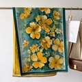 Châle jacquard à fleurs bleu sarcelle et jaune avec peinture à l'huile et franges délicates - Yellow Large Floral