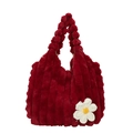 Burgundy plush tote bag with vertical stripes and crochet daisy flower charm accessory - Red
