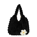 Black plush tote bag with vertical stripes and a white crochet daisy flower charm - Black