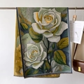Écharpe jacquard style peinture à l'huile avec roses blanches et bords à franges - Blooming Rose