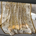 Baroque paisley geometric print silk scarf and shawl draped on a leather sofa - 90*180cm / Gold (F-401)
