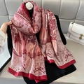 Elegant red and cream paisley silk scarf for women featuring premium glossy fabric drape - 90*180cm / Red (F-401)