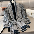 Elegant blue and white paisley print silk shawl with classic French geometric pattern - 90*180cm / Navy Blue (F-401)